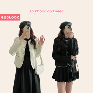 Áo Khoác Nữ Dạ Tweed Phối Viền Chỉ GUDLOOK Độn Vai Cúc Kim Loại
