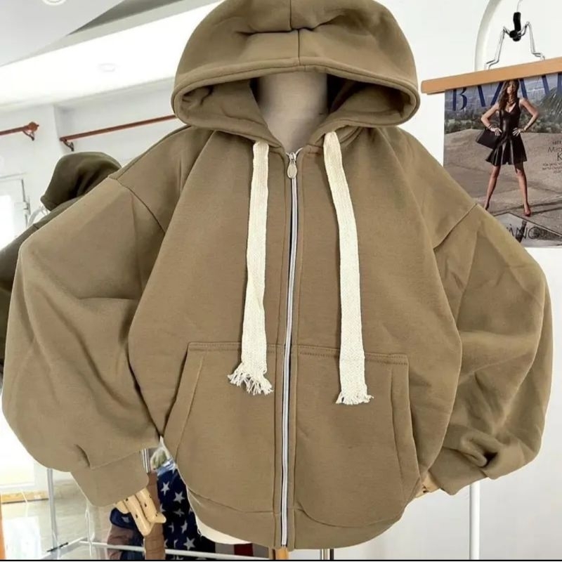 Áo Khoác Nỉ Chống Nắng Mũ 2 Lớp Dáng Ngắn Croptop Trơn Dây To