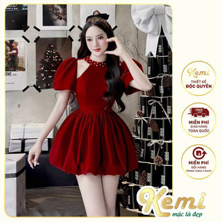 Váy tiểu thư nàng thơ viền đính đá tay phồng, đầm xòe dáng A công chúa chất Nhung cao cấp Kemi