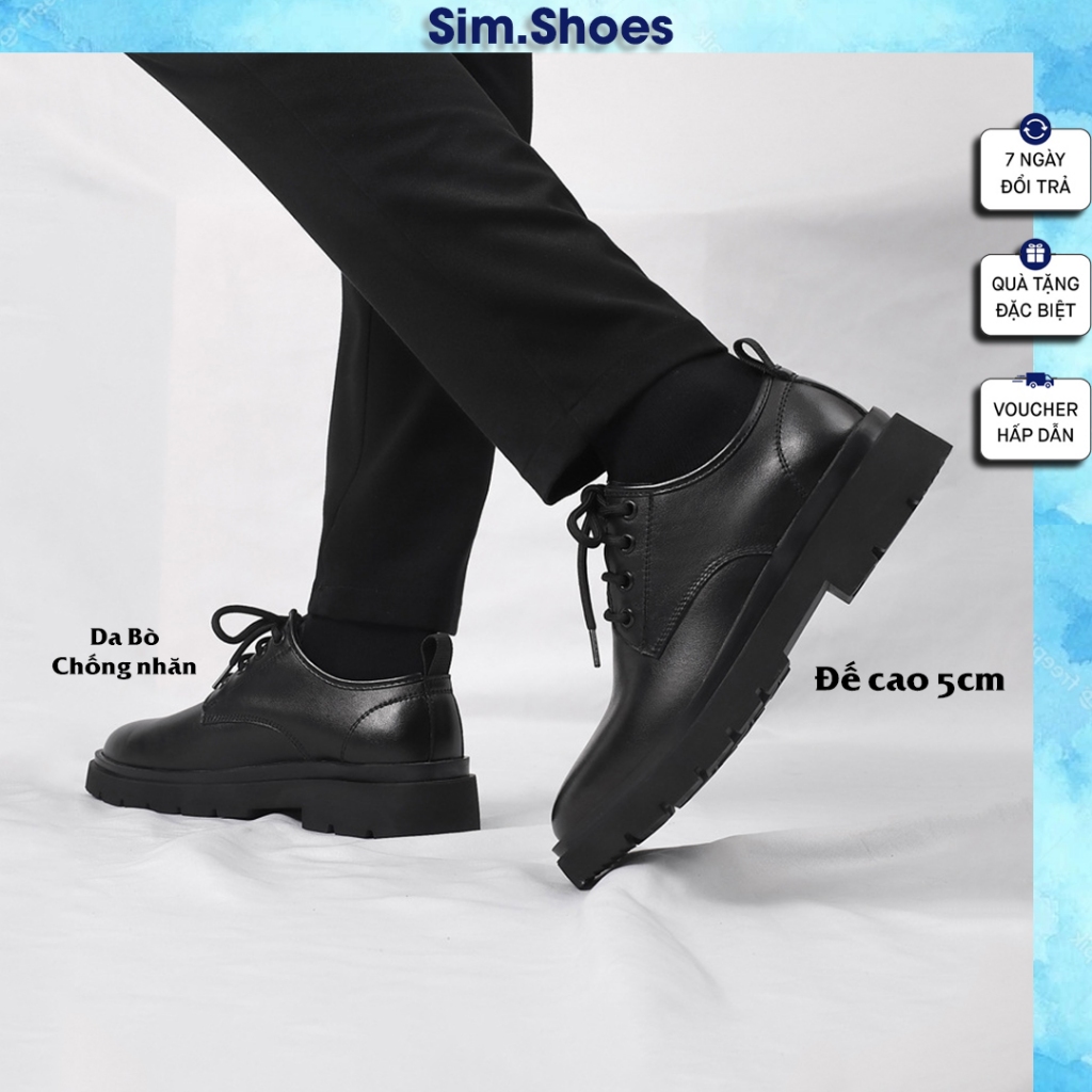 Giày Chunky Derby, Giày Da Bò Ý Đế Cao Su Tăng Chiều Cao 5cm