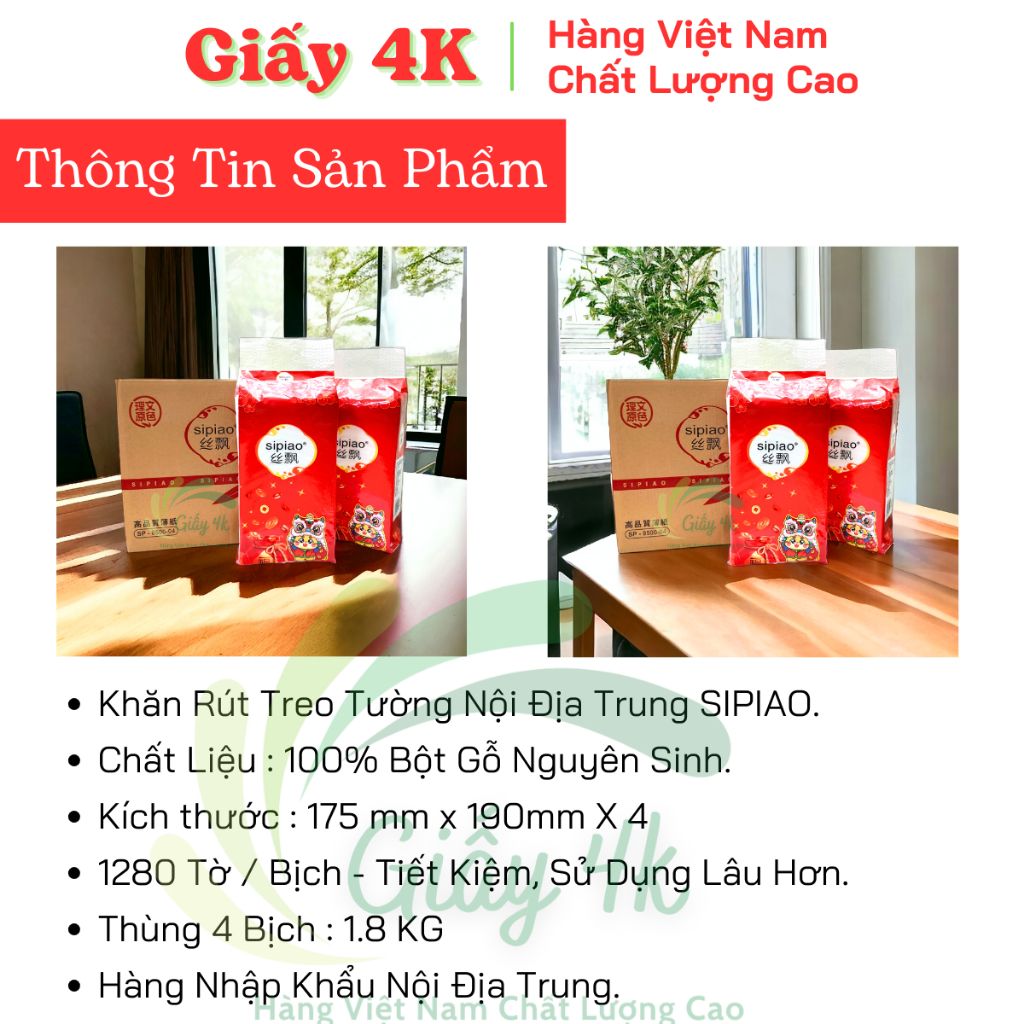 Thùng 4 Bịch Khăn Giấy Treo Tường SIPIAO, Giấy Ăn Gấu Trúc SIPIAO