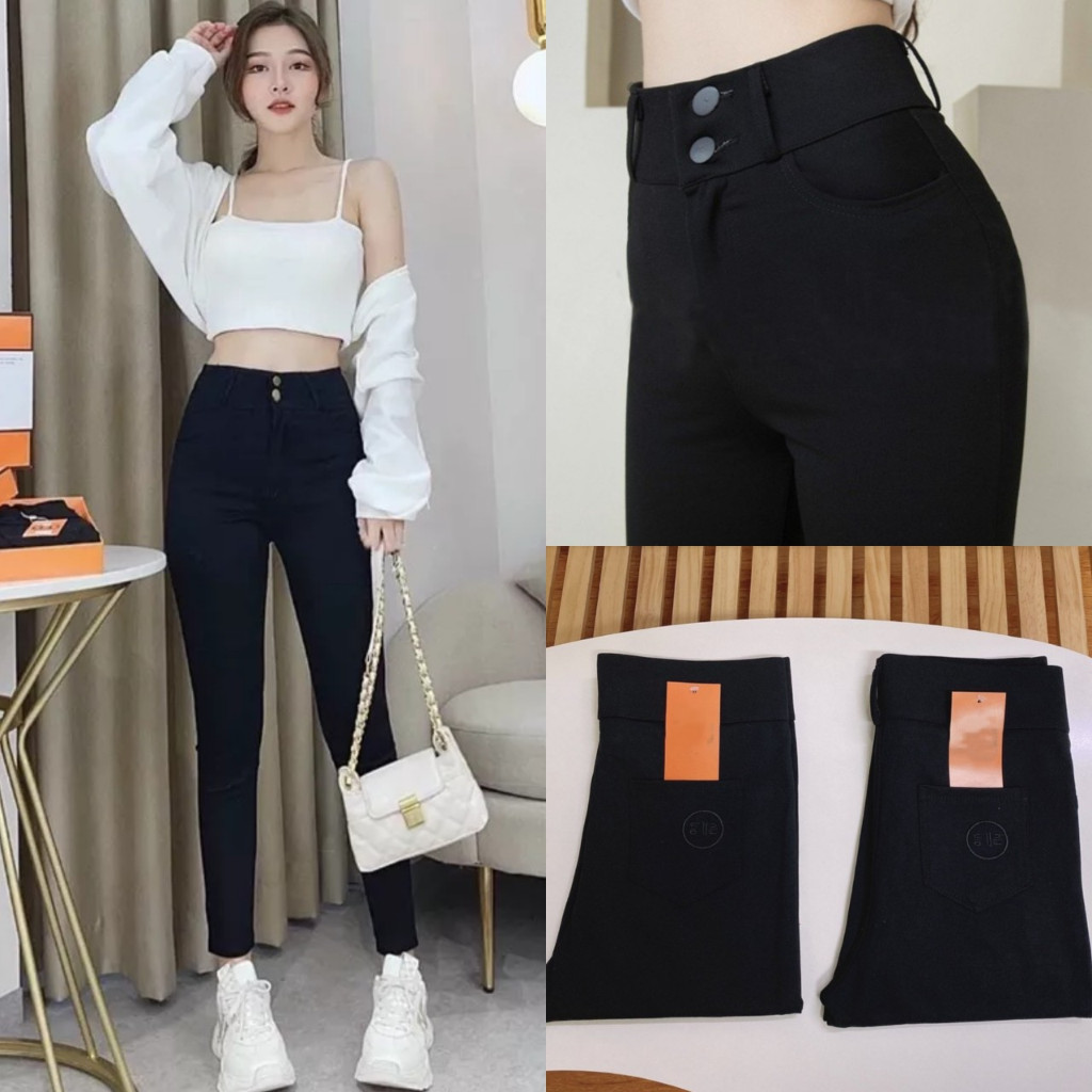 Quần legging nữ cạp cao gen bụng 2 khuy cấp in logo có khóa vải UMì đen dày co giãn Quần legging nữ dài nâng mông 4 túi