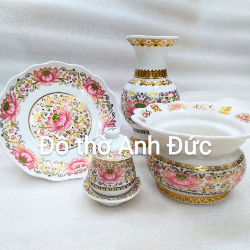 Trọn bộ thờ cúng gốm sứ hoa sen combo 4 món lư hương chung nước bình bông đĩa cúng