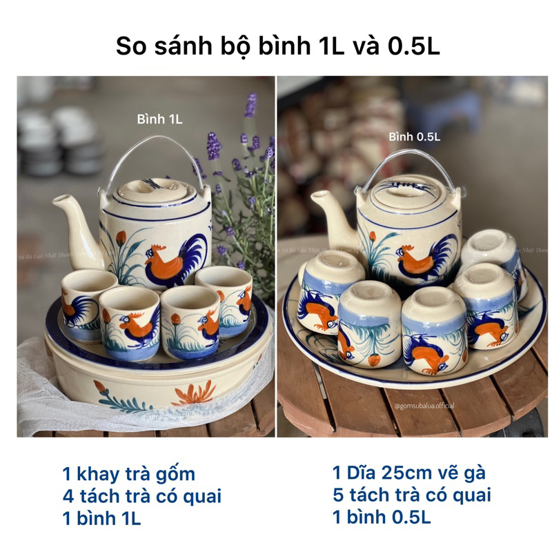 Bộ bình trà vẽ gà 0.5L - 1L ấm tích và tách trà, khay trà gốm thủ công gốm sứ lái thiêu, gốm xưa nam bộ