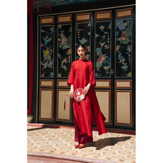   XÉO XỌ  Set áo dài Chu Đào chất liệu lụa tơ tằm dáng suông tay lửng hoạ tiết 