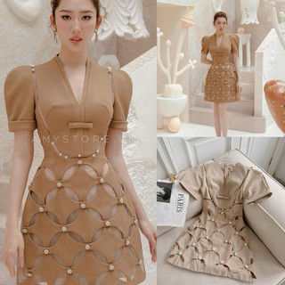 ĐẦM NÂU CỔ V THÂN ĐÍNH ĐÁ |Kèm ảnh sàn thật💯