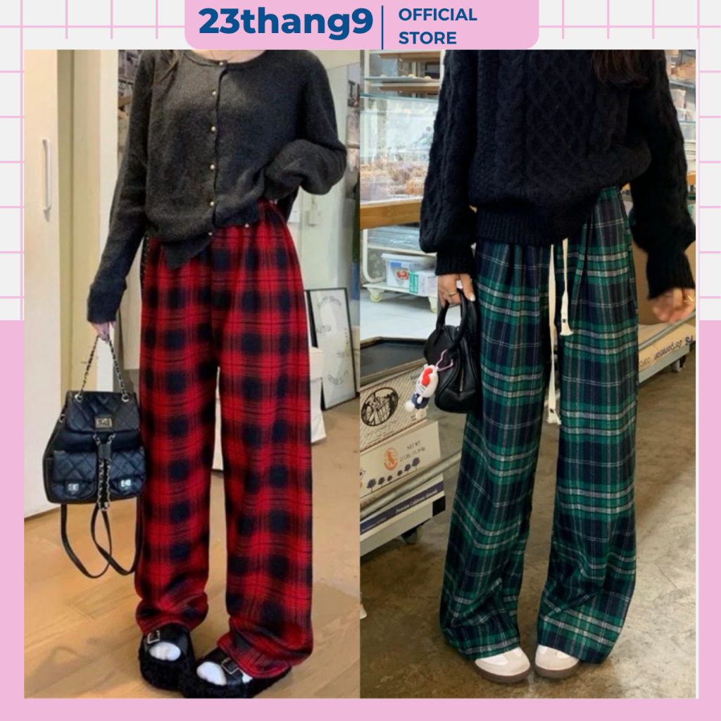 Quần kẻ caro , quần kẻ caro ống rộng cạp chun lưng cao nhiều màu vải dạ dày dặn ống suông dài 100cm hot trend 666