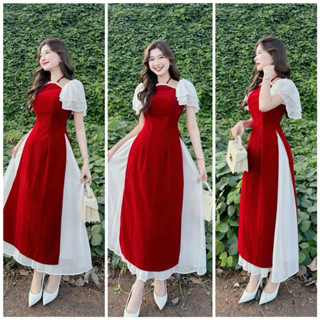  Sét áo dài thời trang nữ mặc Tết chất NHUNG CỨNG cổ yếm phối tay bèo mix chân váy voan tơ xước dài maxi đỏ trắng 