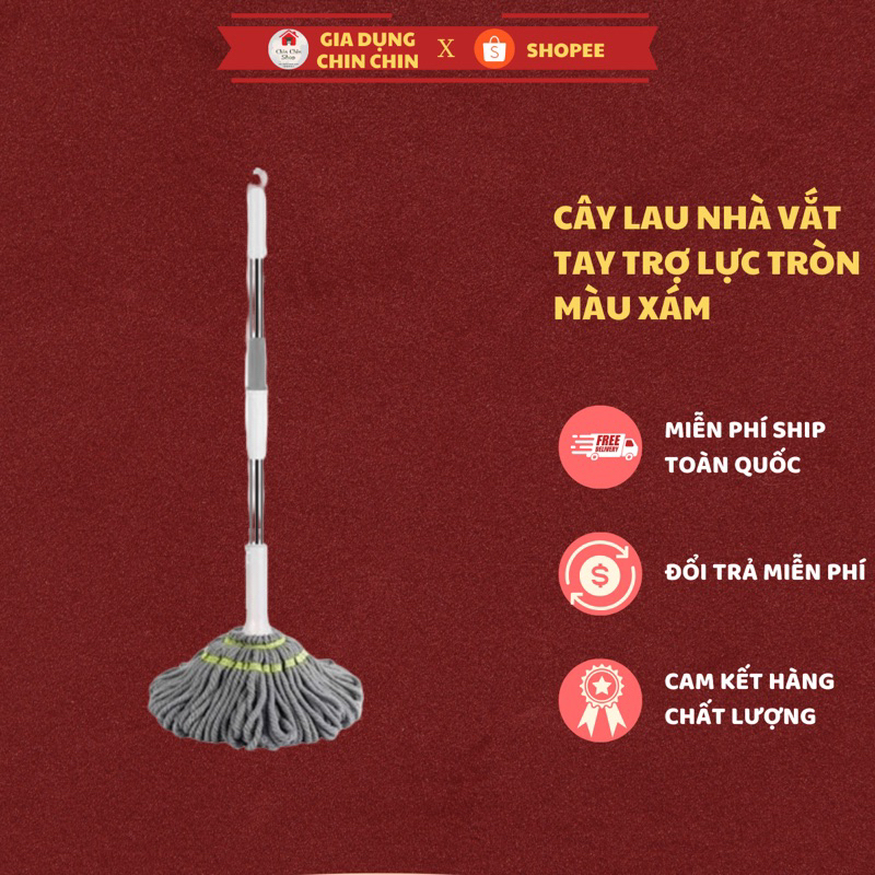Cây lau nhà vắt tay trợ lực tròn màu xám, bông lau dày, thấm hút nước, nhỏ gọn