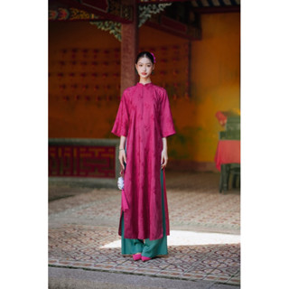   XÉO XỌ  Set áo dài Hồng Điệp 100% chất liệu lụa tơ tằm dáng suông tay lửng hoạ tiết 