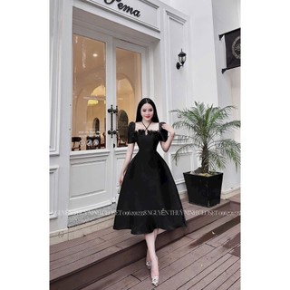 Đầm nữ dự tiệc cao cấp chất Tapta thiết kế cổ vuông dây chéo đính hoa tay búp ngắn váy maxi dáng xoè sang chảnh