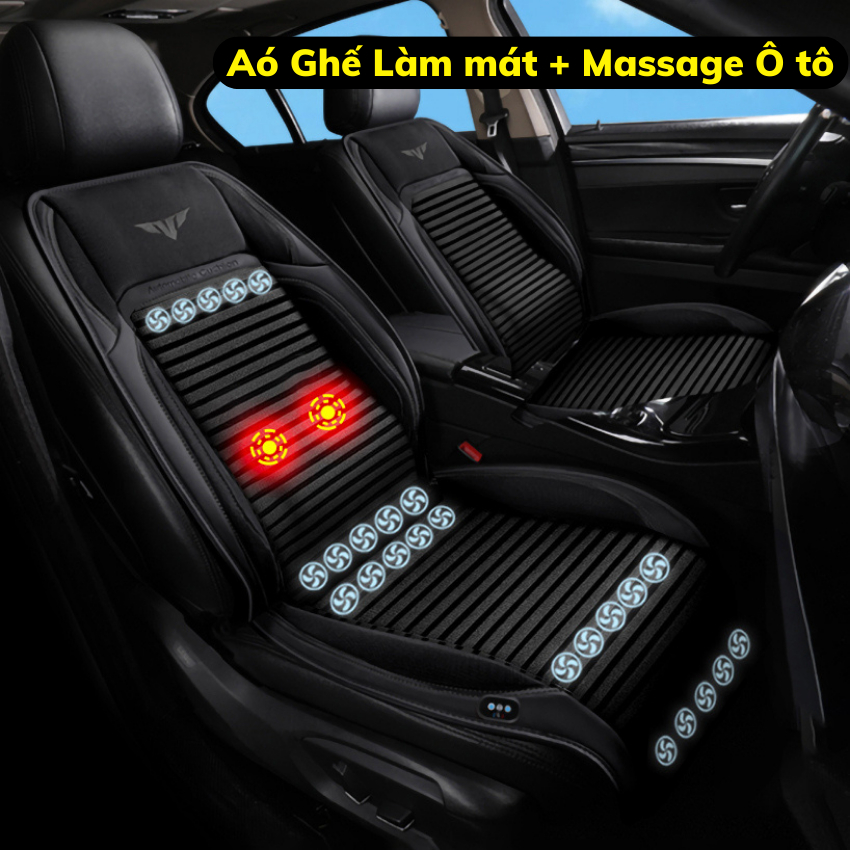 Aó ghế ô tô có quạt lám mát TỰ ĐỘNG NGẮT 16 quạt + 2 điểm massage thư giãn mát xa, đệm lót ghế ô tô có đệm hơi tựa lưng