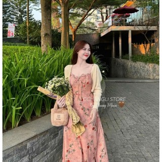 Set đầm hoa 2 dây thời trang nữ mặc đi chơi chất vải lụa kèm áo khoác