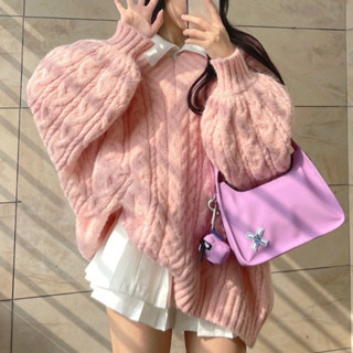  Áo len cổ V  Áo len cổ tim dáng rộng dài tay màu kem màu hồng vặn thừng vải QCCC Loại 1 không xù không ngứa ulzzang 