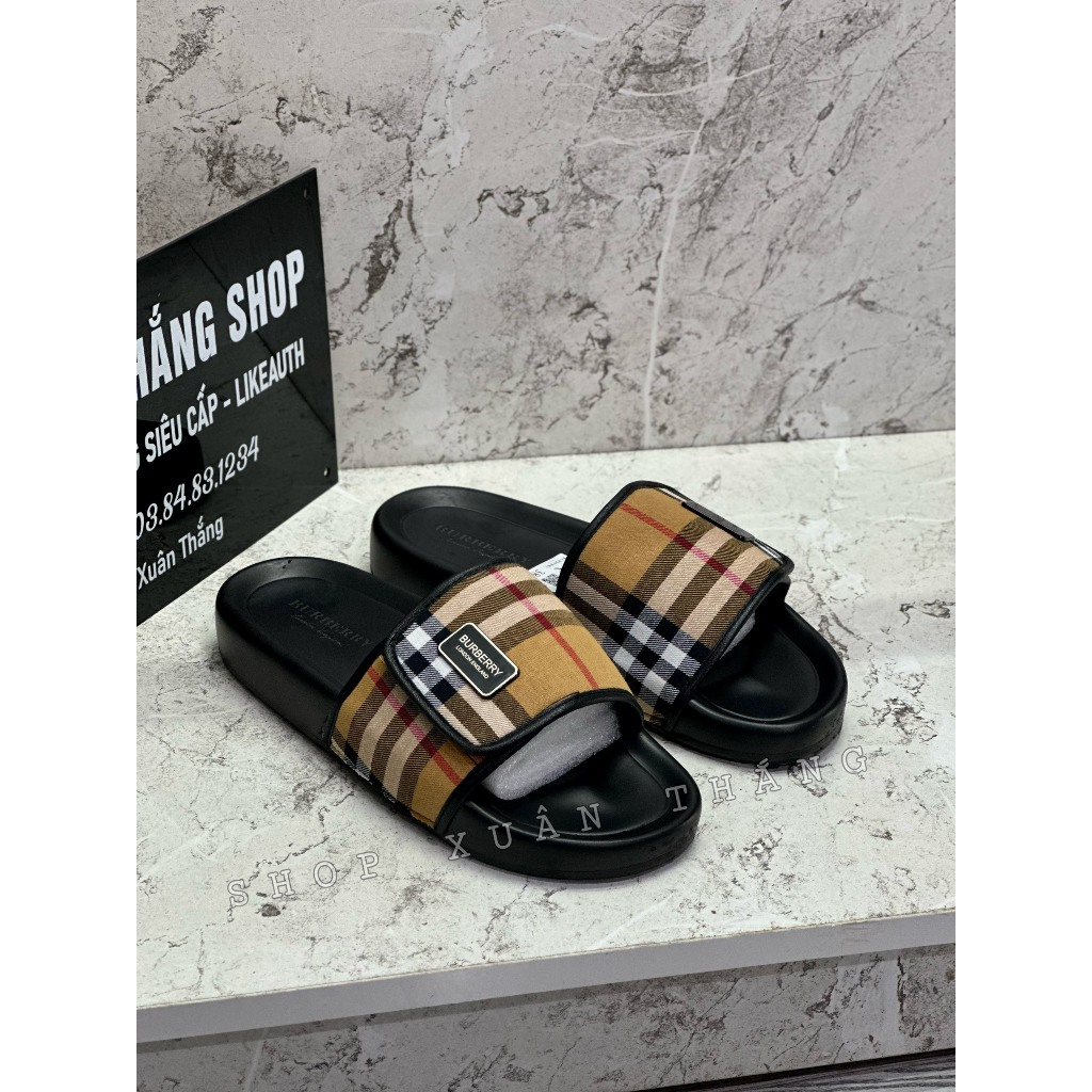 Dép lê nam quai ngang BBR Khuy Sắt Quai Da Bọc Vải - BBR quai dán hoạ tiết kẻ sọc