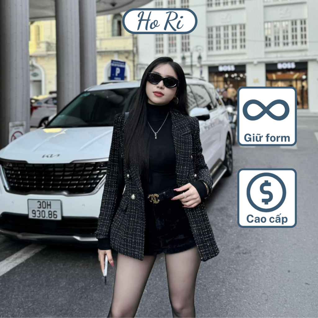 Áo vest nữ blazer kẻ sọc, chất dạ giữ nhiệt đính khuy đồng 2 màu đen trắng - Hori Store