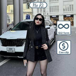 Áo vest nữ blazer kẻ sọc, chất dạ giữ nhiệt đính khuy đồng 2 màu đen trắng - Hori Store
