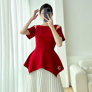 Áo kiểu nữ tay ngắn khoét vai dáng peplum thanh lịch