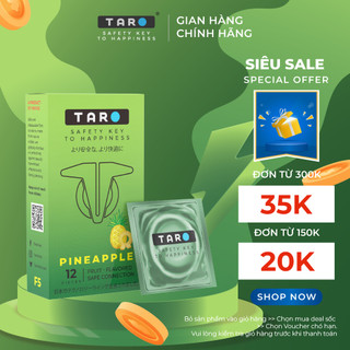 Bao cao su TARO pineapple, Hương dứa, X2 Gel bôi trơn, Free size, Hộp 3 chiếc,12 chiếc. Hàng loại 1.