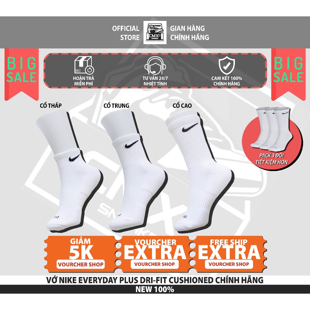 Vớ 𝙉𝒊𝙠𝒆 EVERYDAY PLUS 𝐃𝐑𝐈-𝐅𝐈𝐓 CUSHIONED  REAL AUTHENTIC 100%