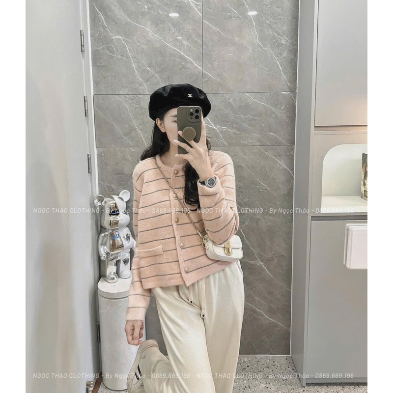 Áo khoác len cardigan kẻ ngang cúc đồng to nhiều màu hàng quảng châu siêu xinh