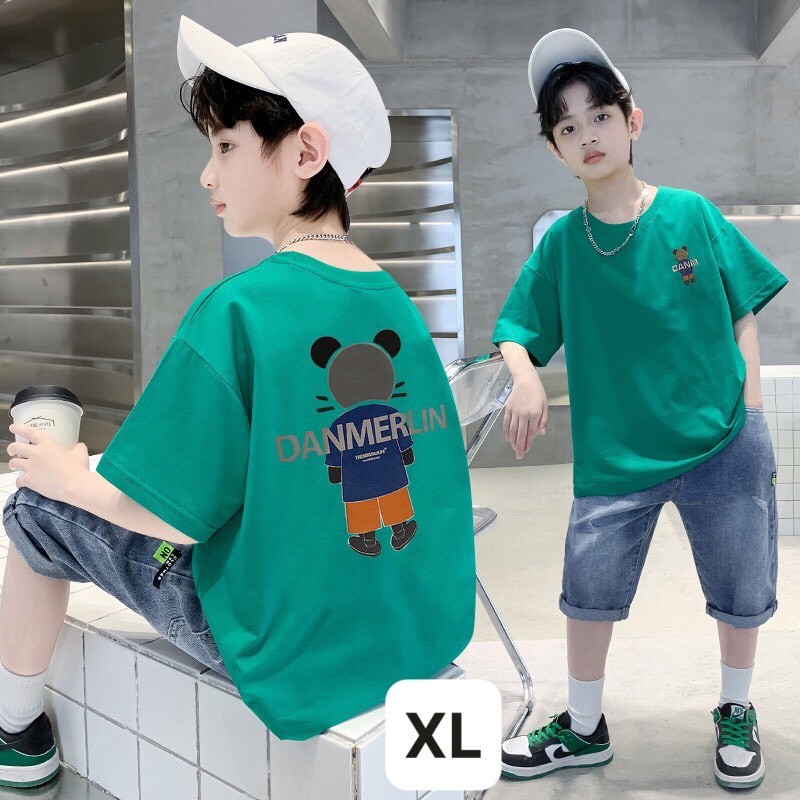 Áo thun bé trai cộc tay size đại 19-55kg In hình Gấu màu xanh lá siêu ngầu