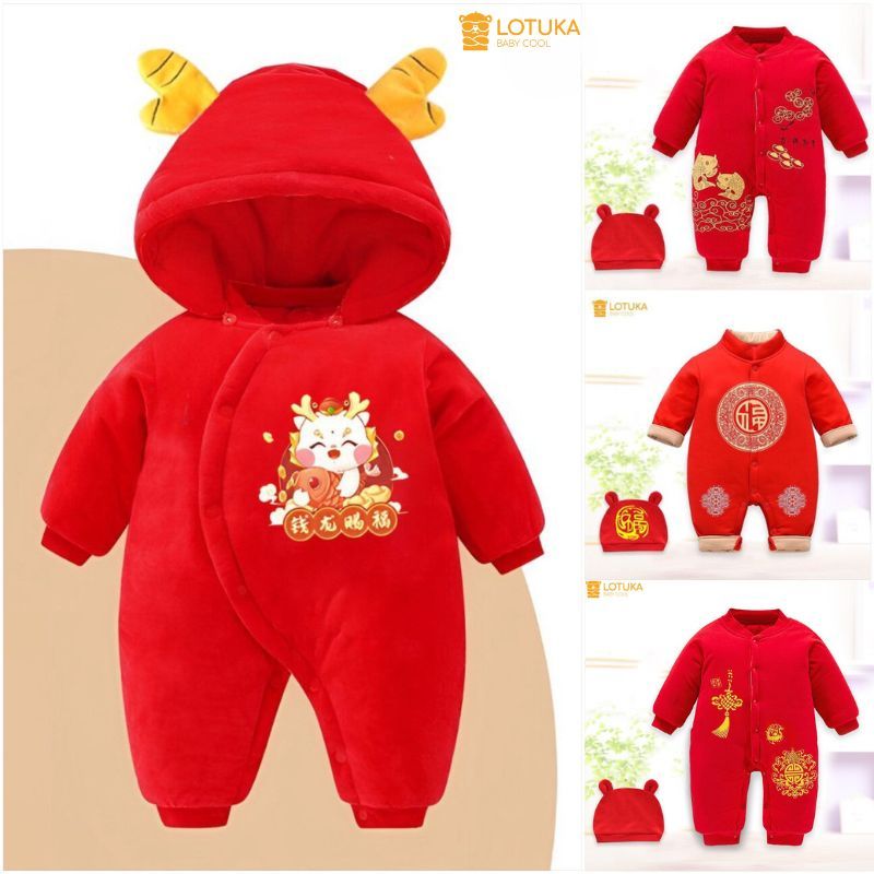 Body Tết Nỉ Bông Liền Mũ Cao Cấp In Hình Rồng LOTUKA, Bodysuit Chất Liệu Ấm Áp, Mẫu Áo Liền Quần Tết 2024 Size 0-12m