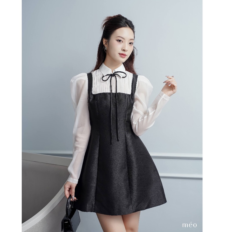 đầm thiết kế Méo shop cổ nơ tay bồng váy yếm dài tay