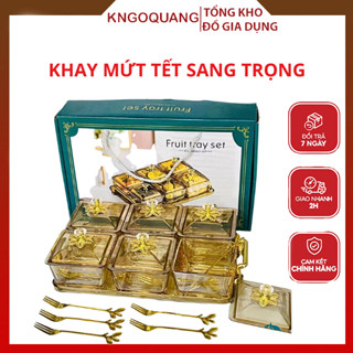 (HỎA TỐC HÀ NỘI) Khay Đựng Mứt Tết 6 Ngăn Thủy Tinh/Nhựa 2025 Cao Cấp Kèm Hộp Đựng Và Dĩa, Khay Đựng Bánh Kẹo