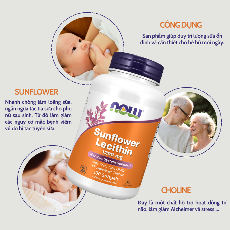 Chống tắc tia sữa Sunflower Lecithin 1200mg Now an toàn dành cho mẹ đang cho con bú 100 viên