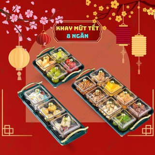 Khay đựng mứt tết hũ đựng bánh kẹo các loại hạt tết 2024 sang trọng xanh coban 8 hũ khung vàng