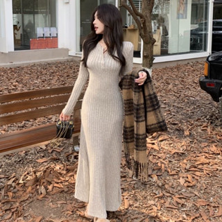 Váy Len Tăm Đũa Dài Tay Nữ, Đầm Len Dáng Dài Xoè Nhẹ Phong Cách Cổ Điển, Đầm Bầu 2024