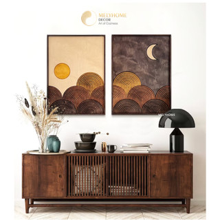 Bộ 2 Tranh Treo Tường Vải Canvas Boho Minimalism Tối Giản Chữa Lành Ngày Và Đêm Mặt Trời và Mặt Trăng Sa Mạc -DECOR