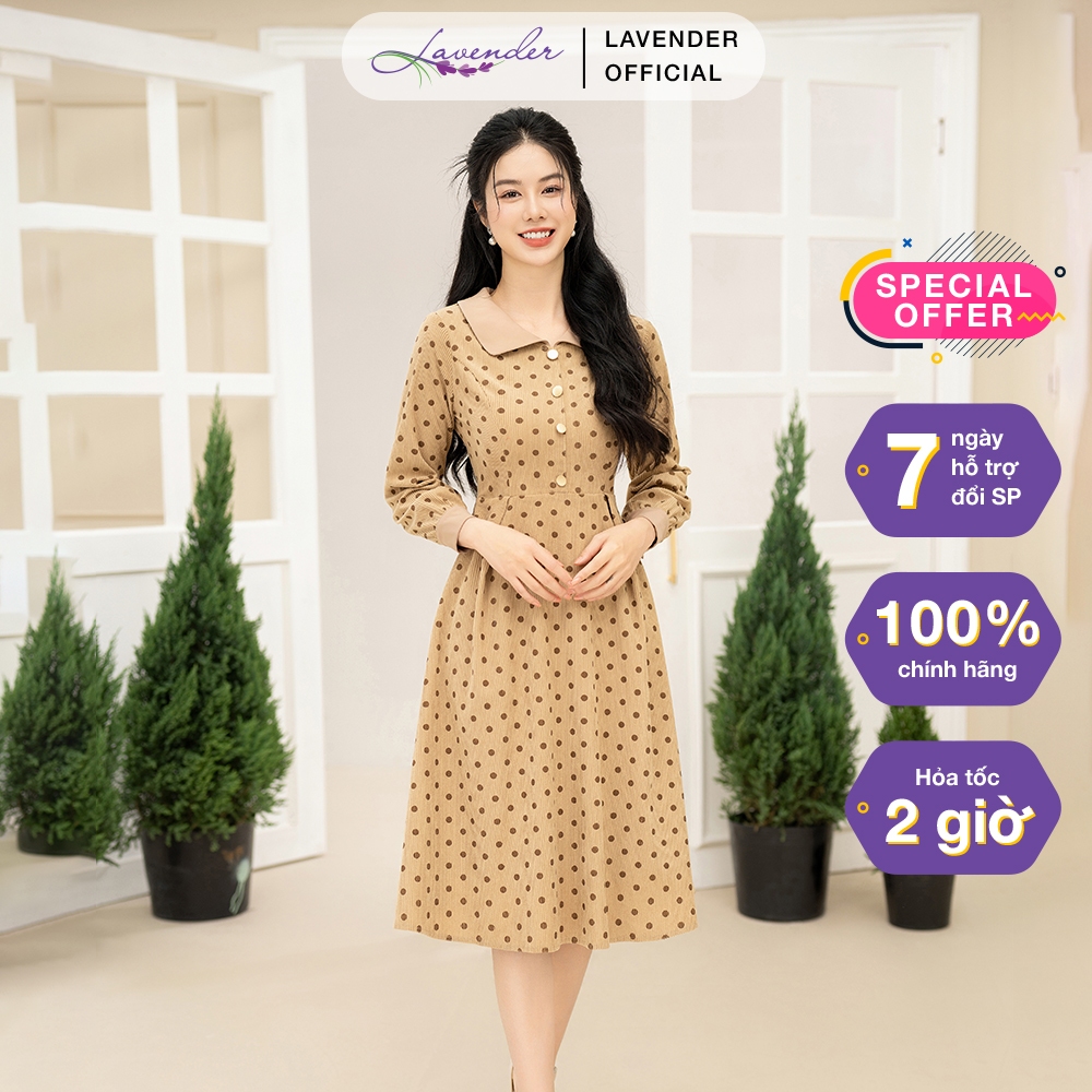 Đầm công sở thiết kế LAVENDER FASHION cổ sen dáng xòe họa tiết chấm bi D2976