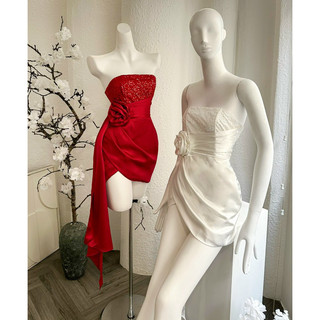 Đầm tiệc cúp bèo lụa phối kim sa đính hoa