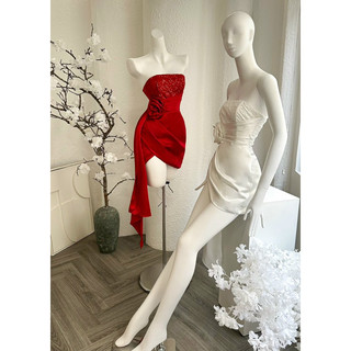 Đầm tiệc cúp bèo lụa phối kim sa đính hoa