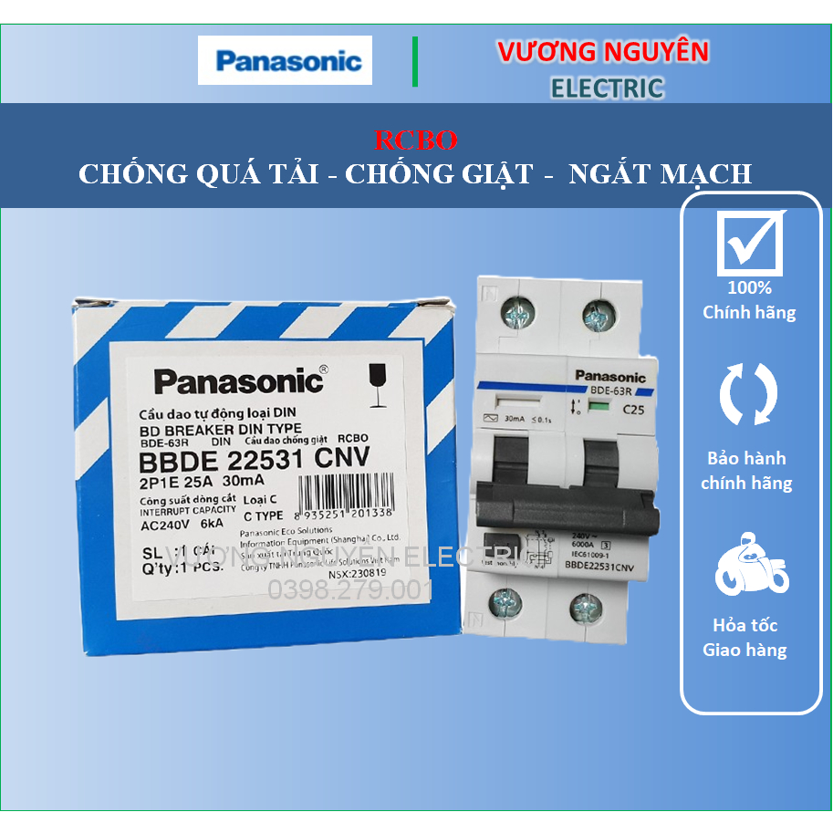 Panasonic CB Chống giật PANA 1 pha 2P RCBO 6A 10A 20A 25A 32A 40A 50A 63A Áp to mat chống giật át chống rò - VN