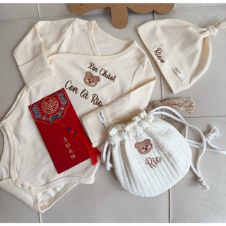 [Thêu Tên] Set Body suit dài tay kèm nón thêu tên cho bé vải cotton bé (set gồm áo và mũ)