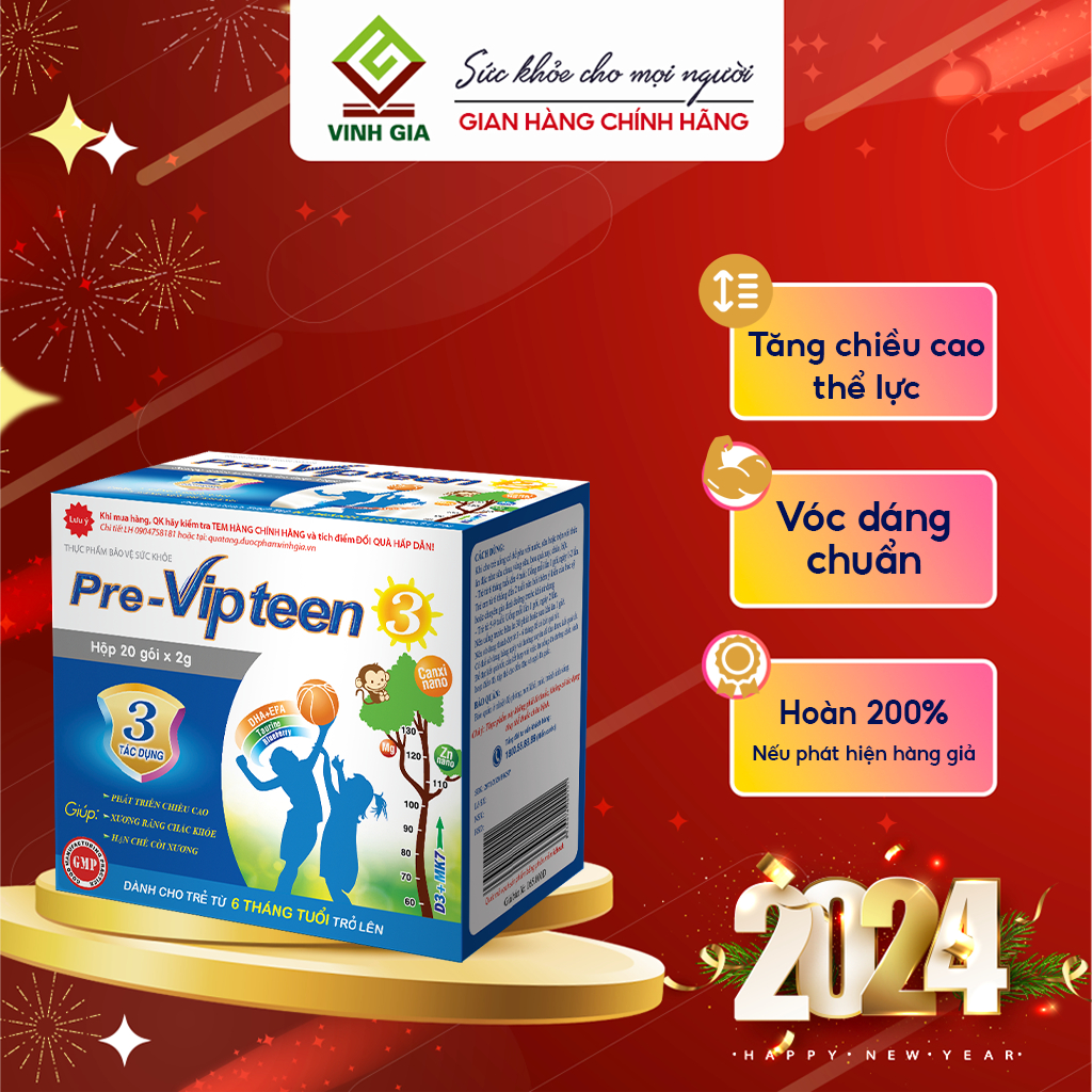 Cốm Bổ Sung Canxi Tăng Chiều Cao Pre-Vipteen 3 VINH GIA Dành Cho Trẻ Từ 6 Tháng Tuổi Hộp 20 Gói