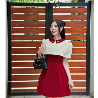 Đầm nhung đỏ kim tuyến ❤️freeship❤️ dáng xòe 2 dây kèm áo khoác tag nơ xinh xắn