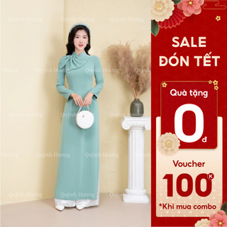 Áo dài lụa mỹ xanh mint cổ truyền thống đính nơ by Quỳnh Hương