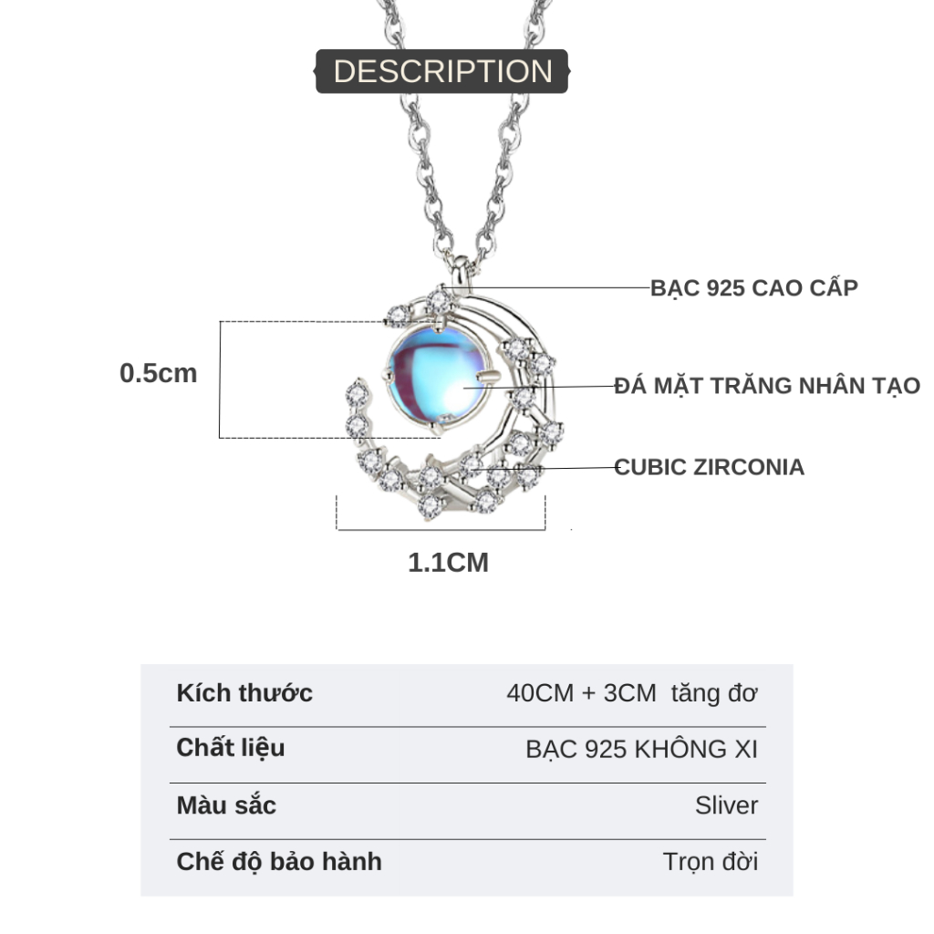 Dây Chuyền Bạc 925 Hanada Mặt Trăng Nhân Tạo Đá 0773 G9