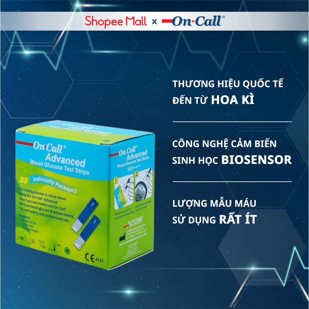 Hộp 25 Que Thử Đường Huyết On Call® Advanced Mỗi Que Trong Một Túi Nhôm Riêng