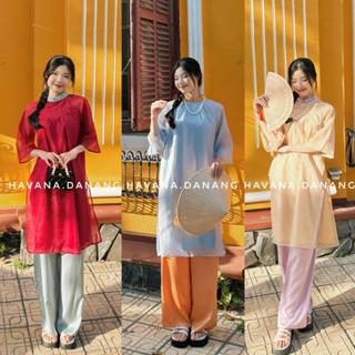 Set áo dài cách tân nữ voan tơ 4 tà tay lửng đính cúc ngọc sau kèm quần phối màu HAVANA AD26