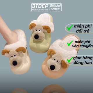 Dép sục nữ lót lông BTDEP, hoạ tiết chó Puppy dễ thương, mùa đông 2024, chuẩn size