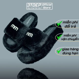 Dép lông nữ MM đính đá 3TDEP, chất lông cừu mịn, lót da, lùi 1 size ôm chân
