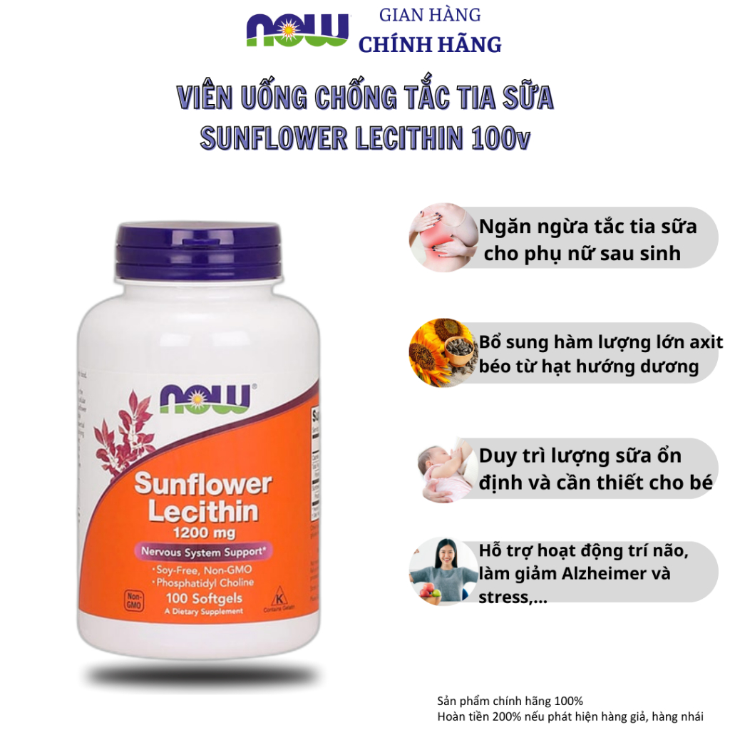 Viên uống chống tắc tia sữa Now Sunflower Lecithin 1200mg 100 viên