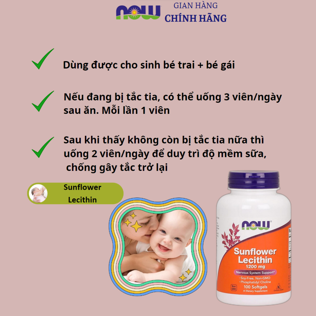 Viên uống chống tắc tia sữa Now Sunflower Lecithin 1200mg 100 viên
