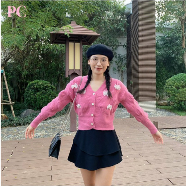 [PEONY] Áo Cardigan Len Hồng Nhún Đính Nơ Cúc Ngọc