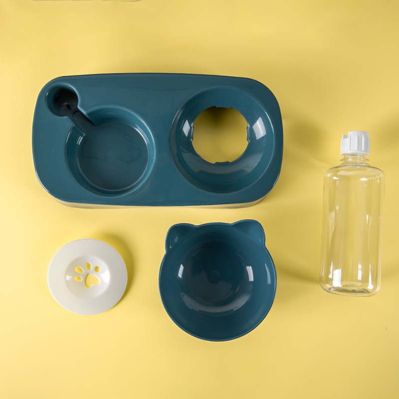 Bát Ăn Chó Mèo Chống Gù, Đế Chống Lật Kèm Bình Nước Tự Động Bằng Nhựa Hình Tai Mèo Cho Thú Cưng